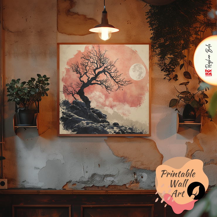 Japandi Tree Wall Art: Modern Digital Prints for Interior Design
