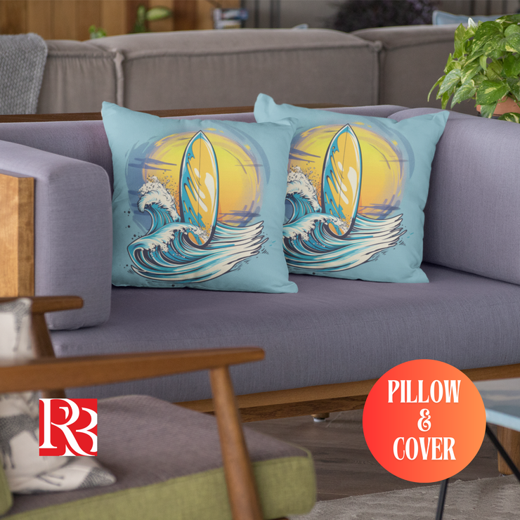 Coastal Life Square Pillow and Cover – Blue Surfboard Design